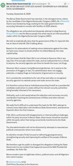 Stop The Lies' - Benue State Government Tells Obi (News Central TV)