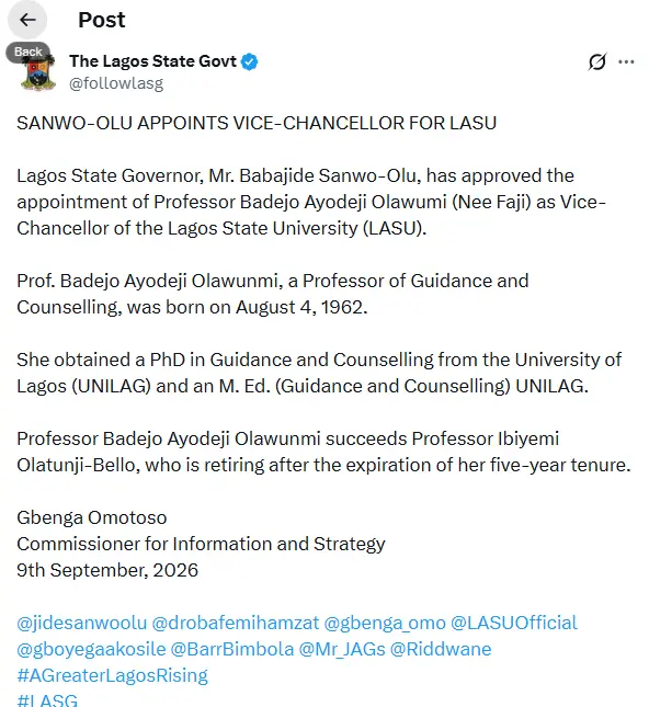 Badejo to Succeed Olatunji-Bello As LASU VC (News Central TV)