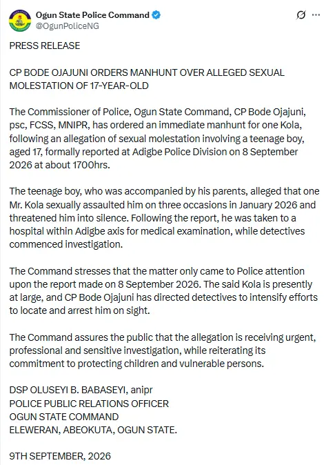 Ogun Police Launch Manhunt For Sexual Assault Suspect