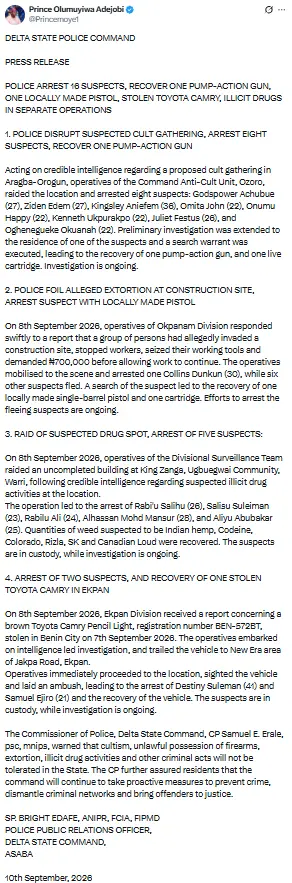 Delta Police Arrest 16, Recover Guns, Stolen Car, Drugs (News Central TV)