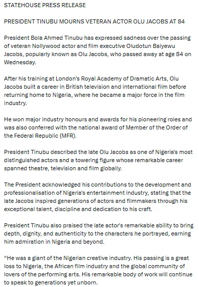 Tinubu's press statement