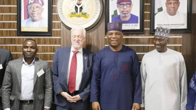 R- L:The Permanent Secretary of the Ministry of Steel Development, his Excellency Amb. Nura Abba Rimi, The Honorable Minister of Steel Development, Prince Shuaibu Abubakar Audu, Deputy Ambassador, Embassy of Germany Nigeria, Mr. Johannes Lehne; Head of the German Delegation, Dr. Chux Onaa, during the meeting at the Ministry headquarters, Abuja, yesterday. Credit: Steel Ministry