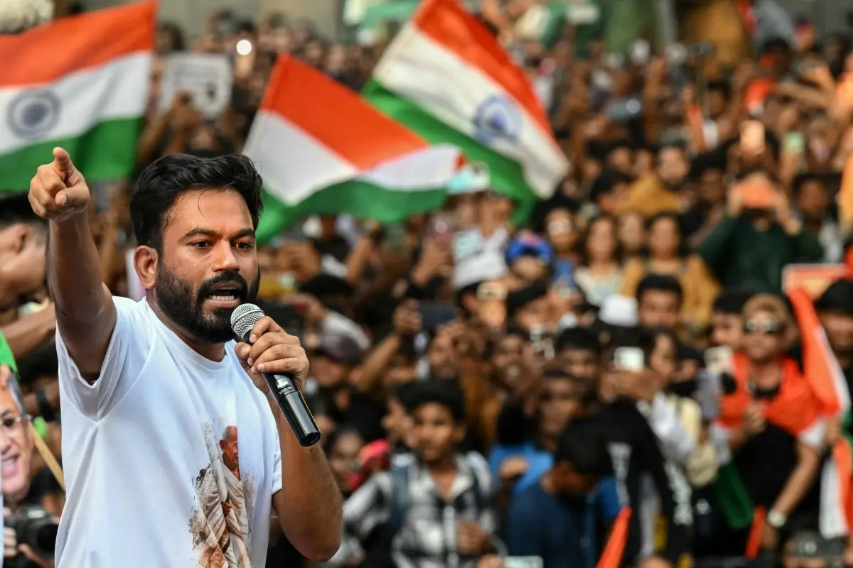 Cockroach Janta Party (CJP) founder Abhijeet Dipke addresses supporters during a protest demanding the resignation of India's chief election commissioner Gyanesh Kumar over alleged voter-roll irregularities in Mumbai on October 2, 2026.