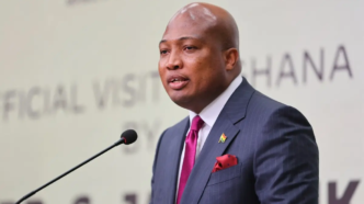 Ghana's Foreign Affairs Minister Samuel Okudzeto Ablakwa speaks to the media during the official visit of India's External Affairs Minister Subrahmanyam Jaishankar in Accra, on October 6, 2026.