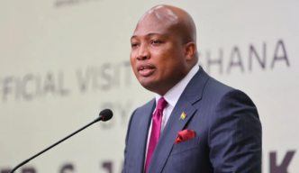 Ghana's Foreign Affairs Minister Samuel Okudzeto Ablakwa speaks to the media during the official visit of India's External Affairs Minister Subrahmanyam Jaishankar in Accra, on October 6, 2026.