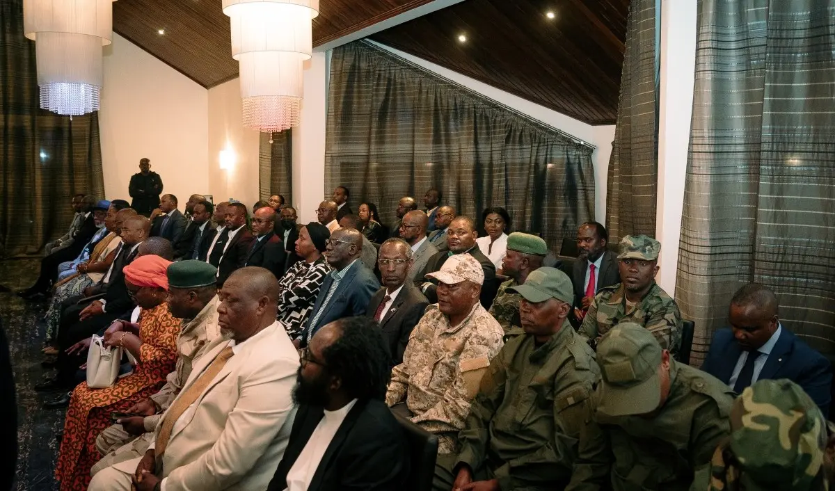 Senior AFC/M23 members attend a press conference for the signing of the founding document of the Front for the Refoundation of the Nation (FRN), a political-military movement with the Rwanda-backed M23 armed group of which former Democratic Republic of Congo president Joseph Kabila is named president, at Kabila's residence in Goma, the major city in eastern Congo that M23 has controlled since January 2025, on October 12, 2026.
