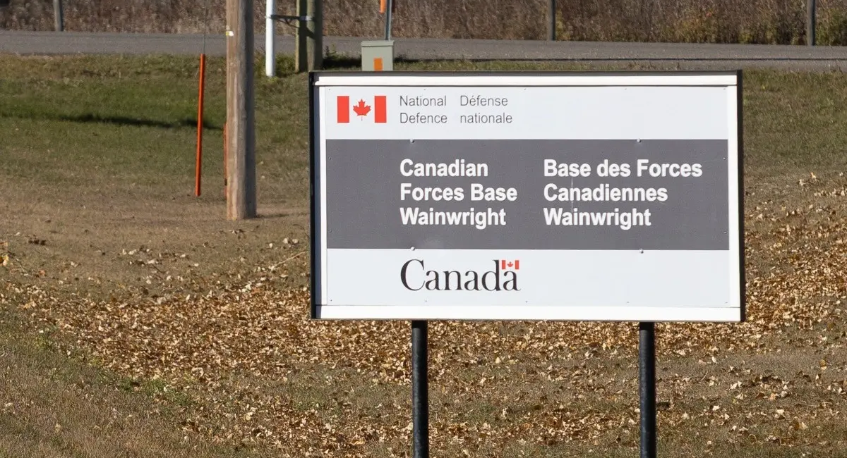 A sign outside Canadian Forces Base Wainwright in Wainwright, Alberta, Canada, on October 18, 2026.