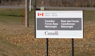 A sign outside Canadian Forces Base Wainwright in Wainwright, Alberta, Canada, on October 18, 2026.