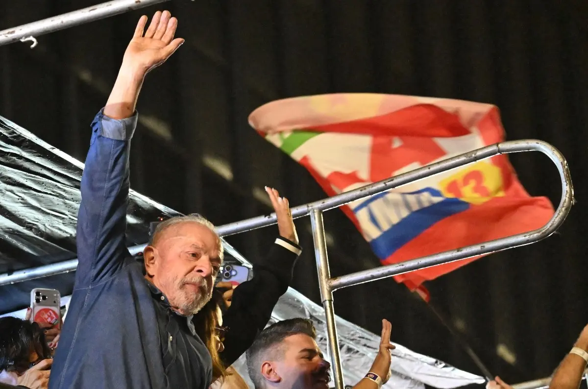 Brazil's President and presidential candidate Luiz Inacio Lula da Silva gestures to supporters after winning the presidential runoff election in Sao Paulo, Brazil, on October 25, 2026.