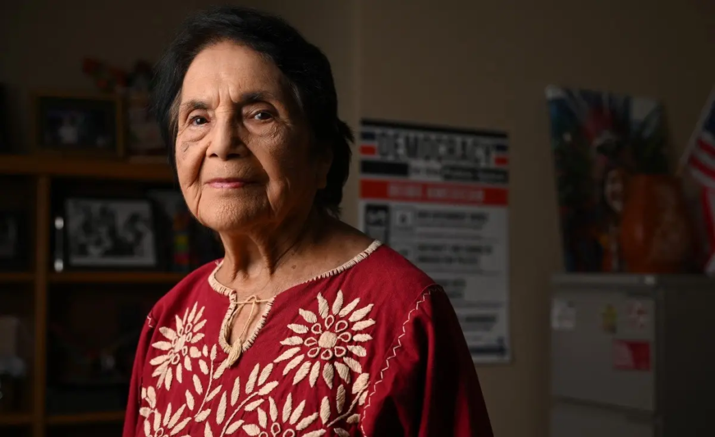 Co-founder of the United Farm Workers of America (UFW) labor union Dolores Huerta, 95, poses in her office in Bakersfield, California, on July 21, 2025.