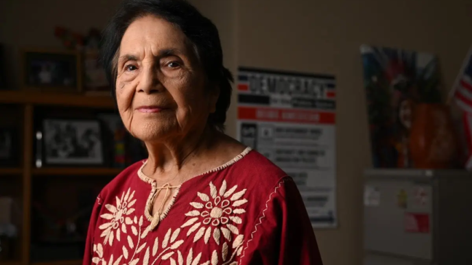 Co-founder of the United Farm Workers of America (UFW) labor union Dolores Huerta, 95, poses in her office in Bakersfield, California, on July 21, 2025.