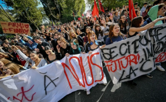 People take part in a demonstration part of a nationwide day of strikes and protests as school and university students demand more funding for schools and support for housing in Rome on October 30, 2026.
