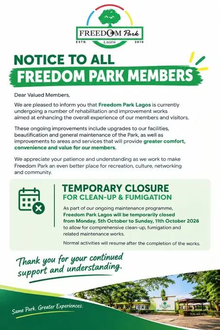 Lagos Closes Freedom Park for Renovation, Fumigation