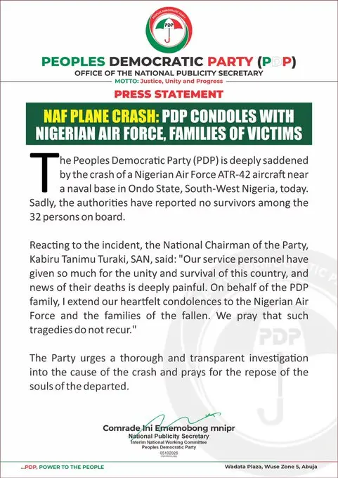 PDP Mourns NAF Crash Victims in Ondo