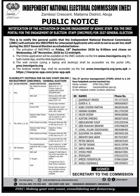 2027 Election: INEC Opens Portal for Ad Hoc Staff Recruitment