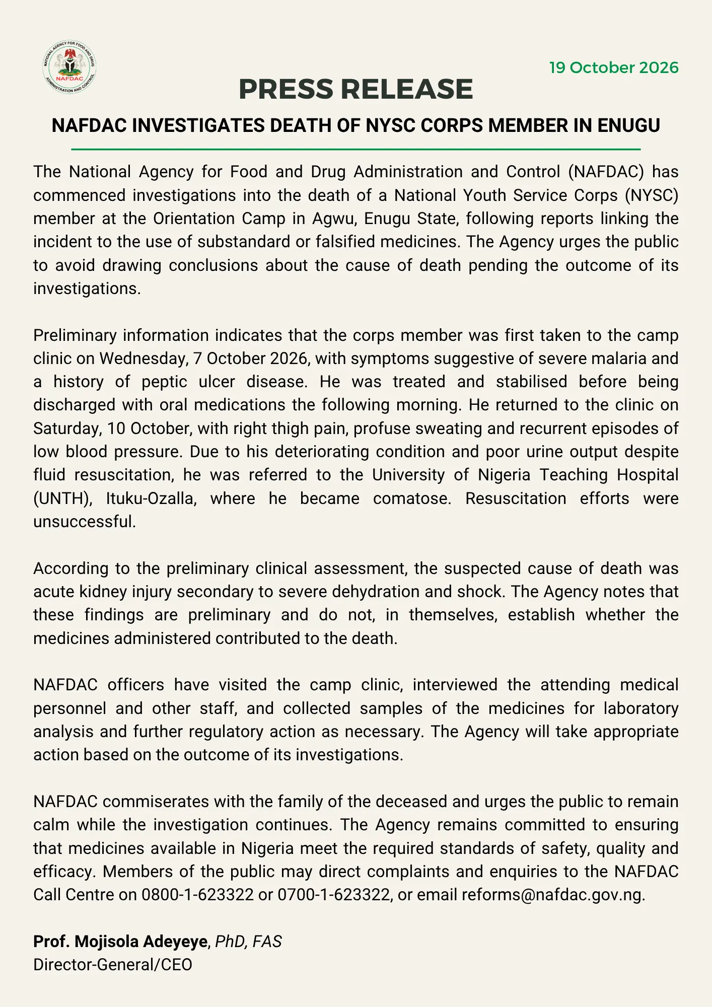 NAFDAC Probes NYSC Corps Member’s Death in Enugu