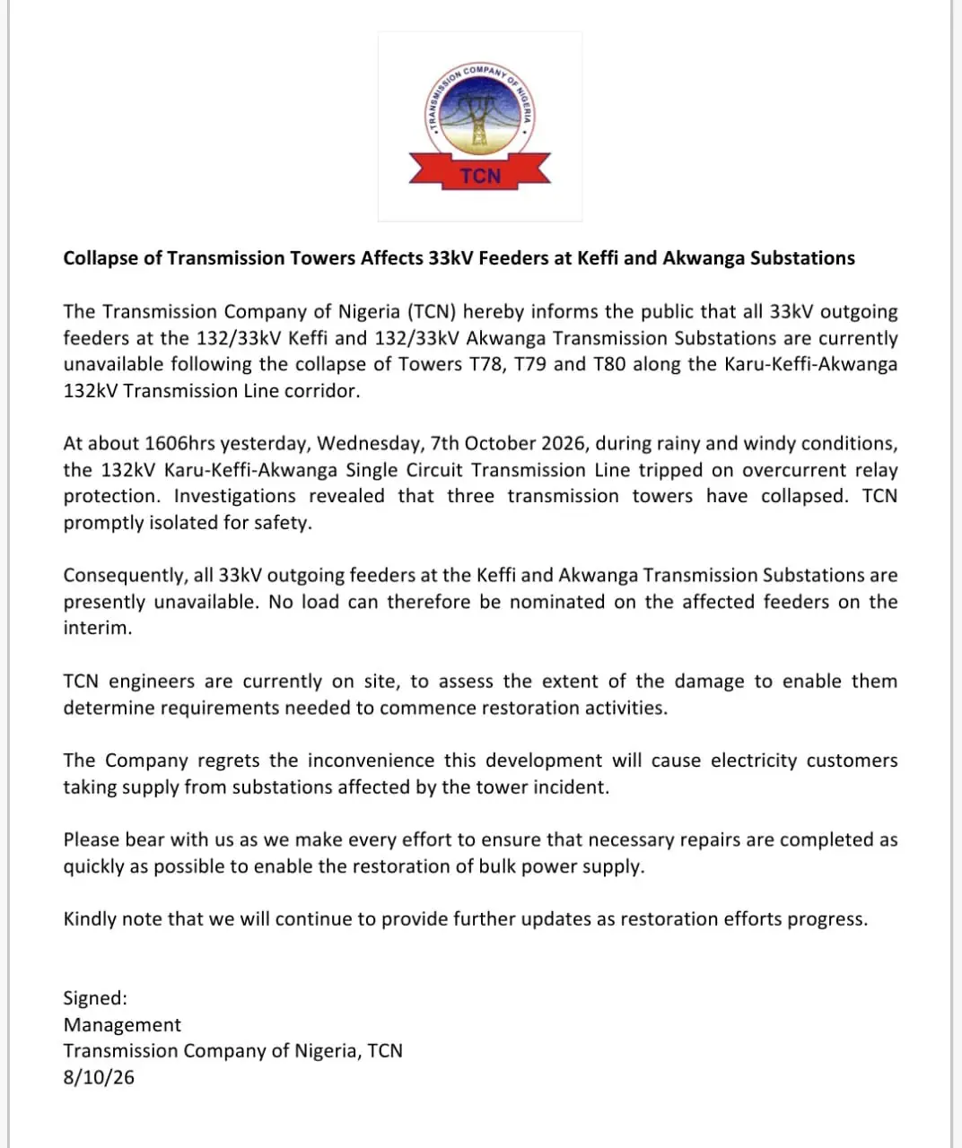 Three Transmission Towers Collapse in Nasarawa