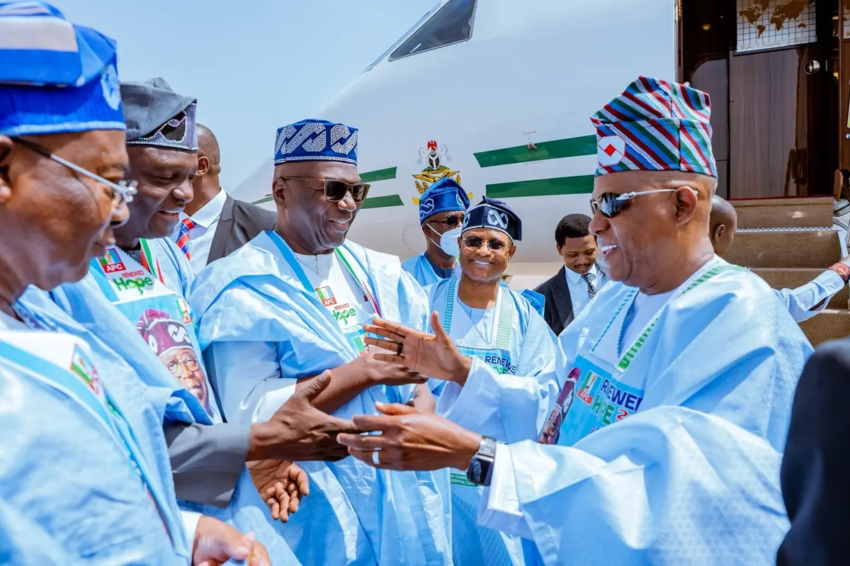 Tinubu, Shettima Arrive Kaduna for APC Campaign Flag-off. Credit: Stanley Nkwocha/X. 