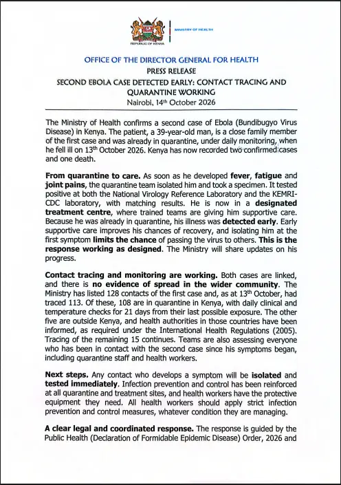 Kenya Confirms Second Ebola Case