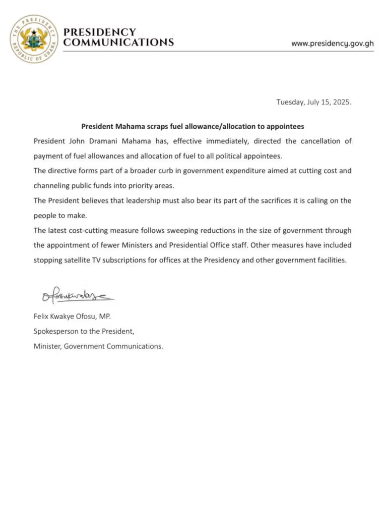 Ghana President Scraps Fuel Allowance for Appointees