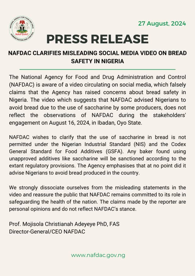 NAFDAC Debunks Bread Ban, Cautions Bakers About Saccharine