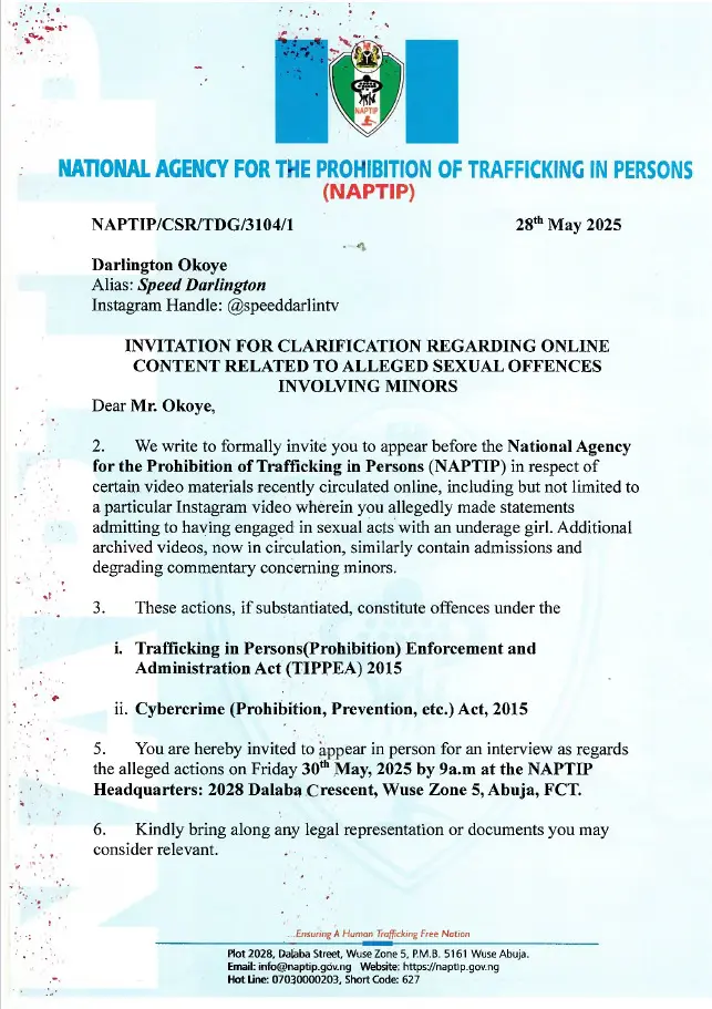 NAPTIP Summons Speed Darlington for Alleged Sexual Misconduct 