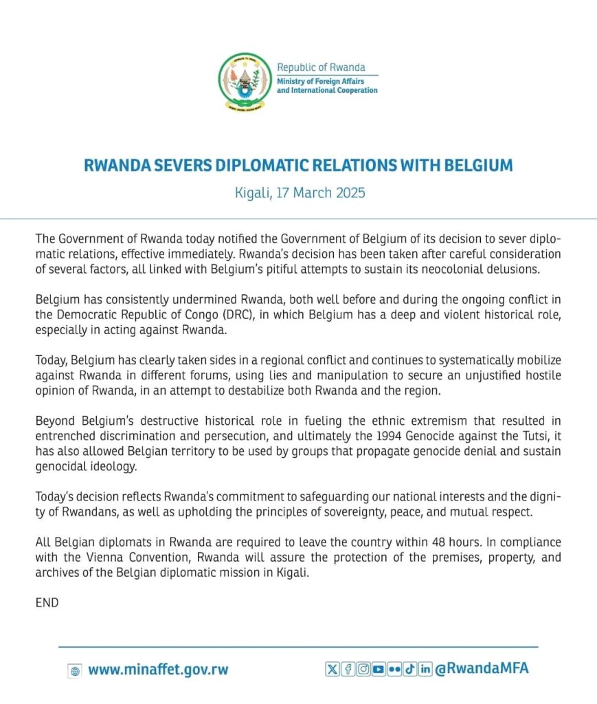 Rwanda Cuts Diplomatic Ties with Belgium Over DRC Conflict