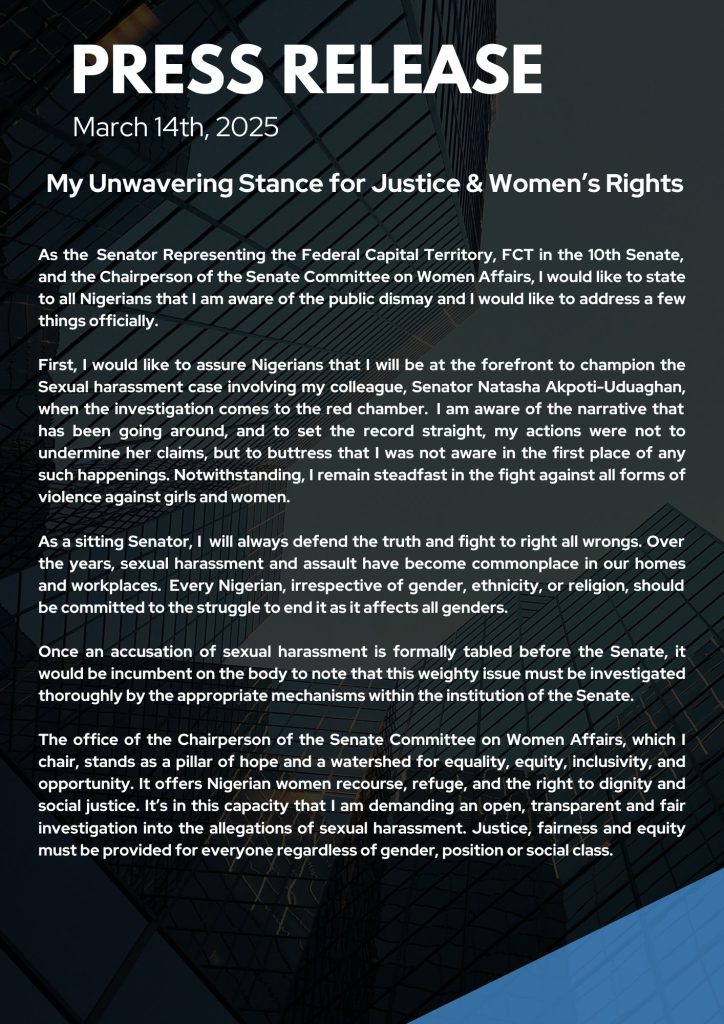 Senator Ireti Kingibe Calls for Fair Probe on Senate Harassment Case