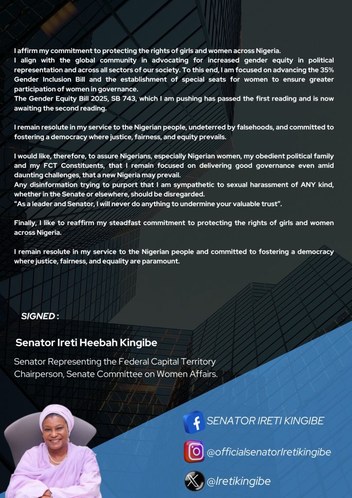 Senator Ireti Kingibe Calls for Fair Probe on Senate Harassment Case