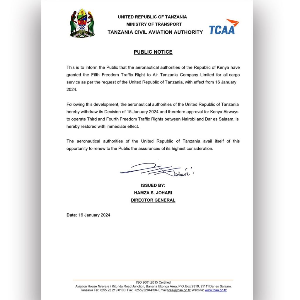 Tanzania Lifts Ban on Kenya Airways Flights News Central TV